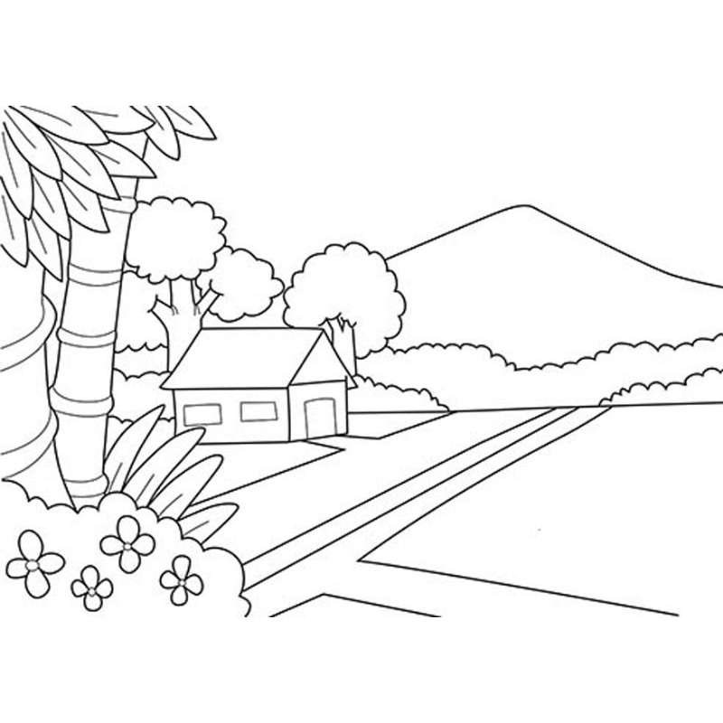 

Lembar kertas / buku mewarnai gambar pemamdangan sawah