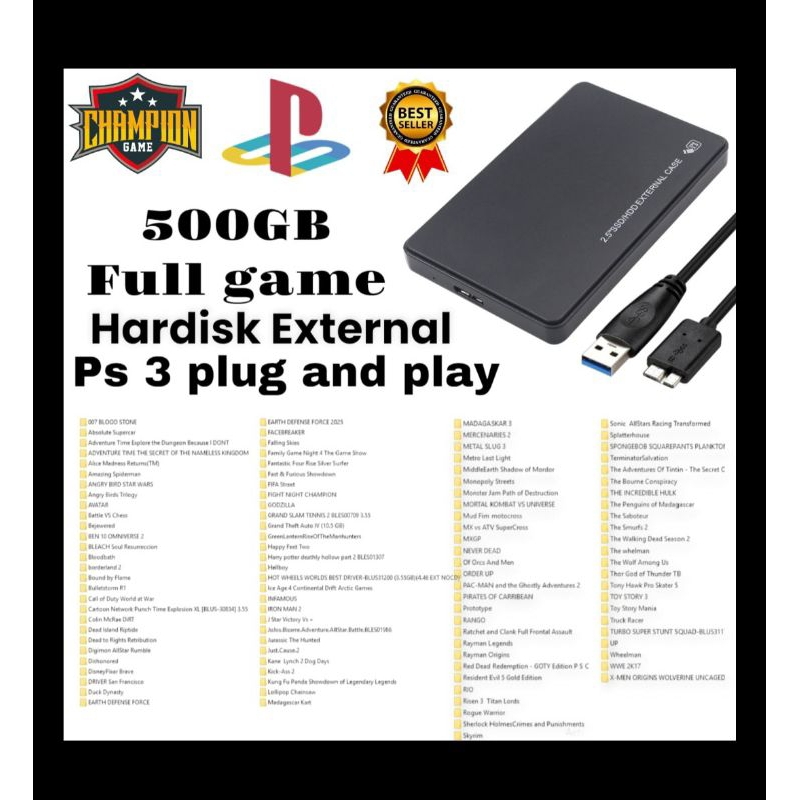 HDD EXTERNAL EKSTERNAL PS3  & PS4 2TB/1TB/500GB PLUG AND PLAY FULL GAME
