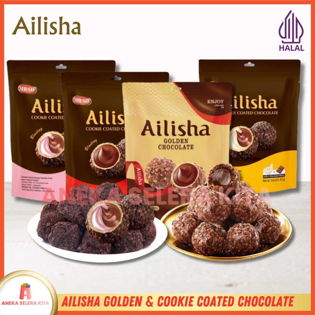 

Ailisha Golden Chocolate & Ailisha Cookie Coated Chocolate / Coklat Cookies Ball Aneka Rasa