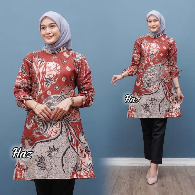 atasan batik tunik wanita baju tunik terbaru resleting belakang size M L XL XXL