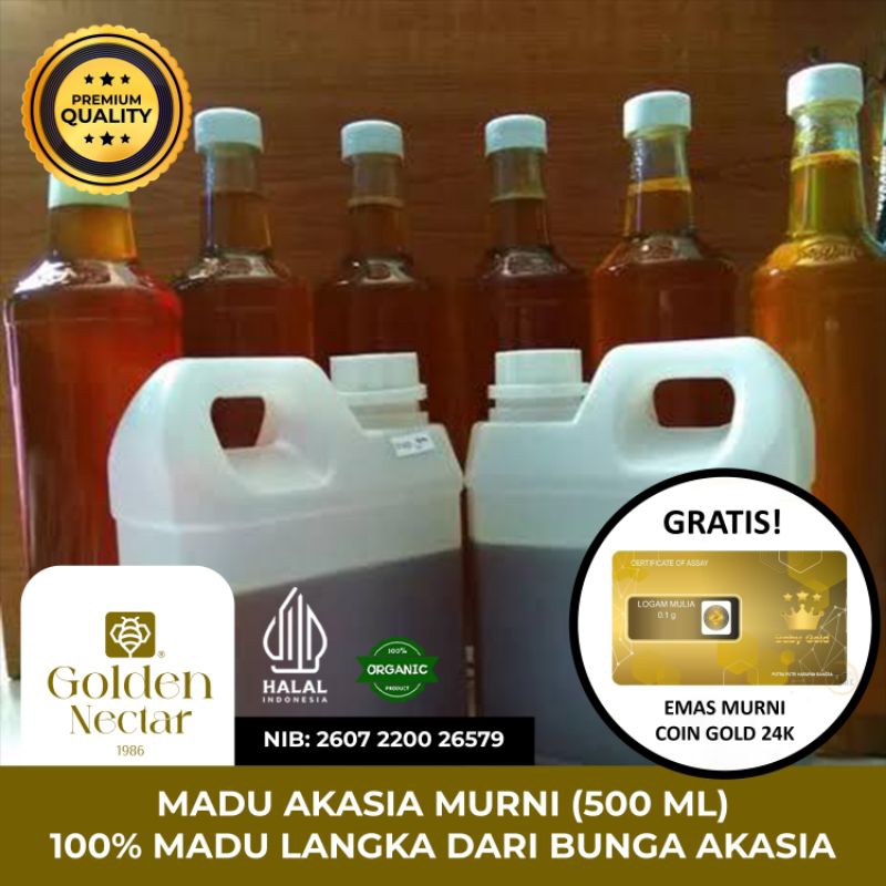 

Promo 500 ML - Madu Akasia Hutan MURNI Premium (GRATIS! EMAS MURNI ANTAM 24k) Golden Nectar