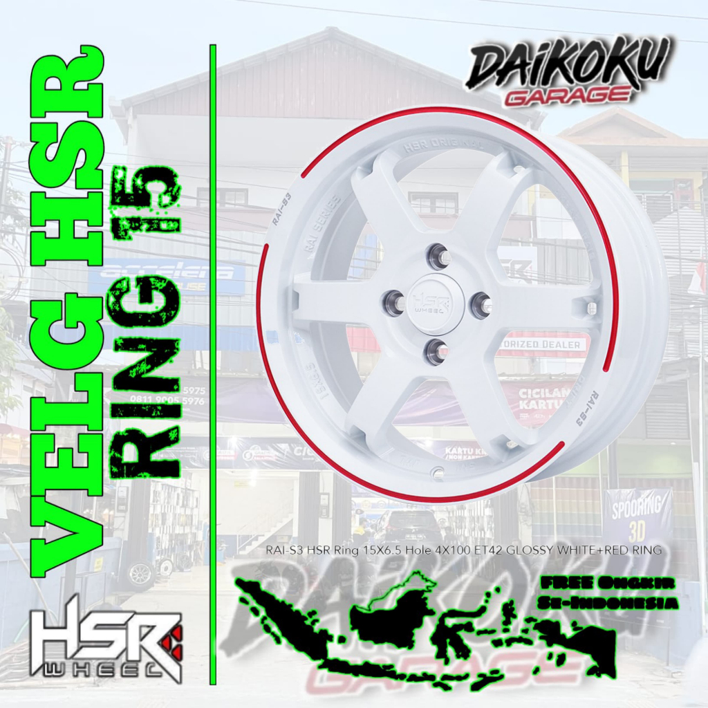 Velg HSR RAI S3 R15 pelek mobil ring 15 lebar 6,5 4x100 et42 putih mobilio brio yaris dll