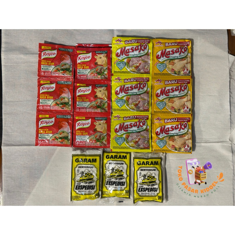 

Paket Bumbu Garam 3pcs (100gr) + Royco / Masako 12pcs (1 Renteng) Garam Kapal Royco Ayam dan Sapi Garam Halus Masako Ayam dan Sapi Garam Beryodium Garam Dapur Royco Ayam Royco Sapi Masako Ayam Masako Sapi