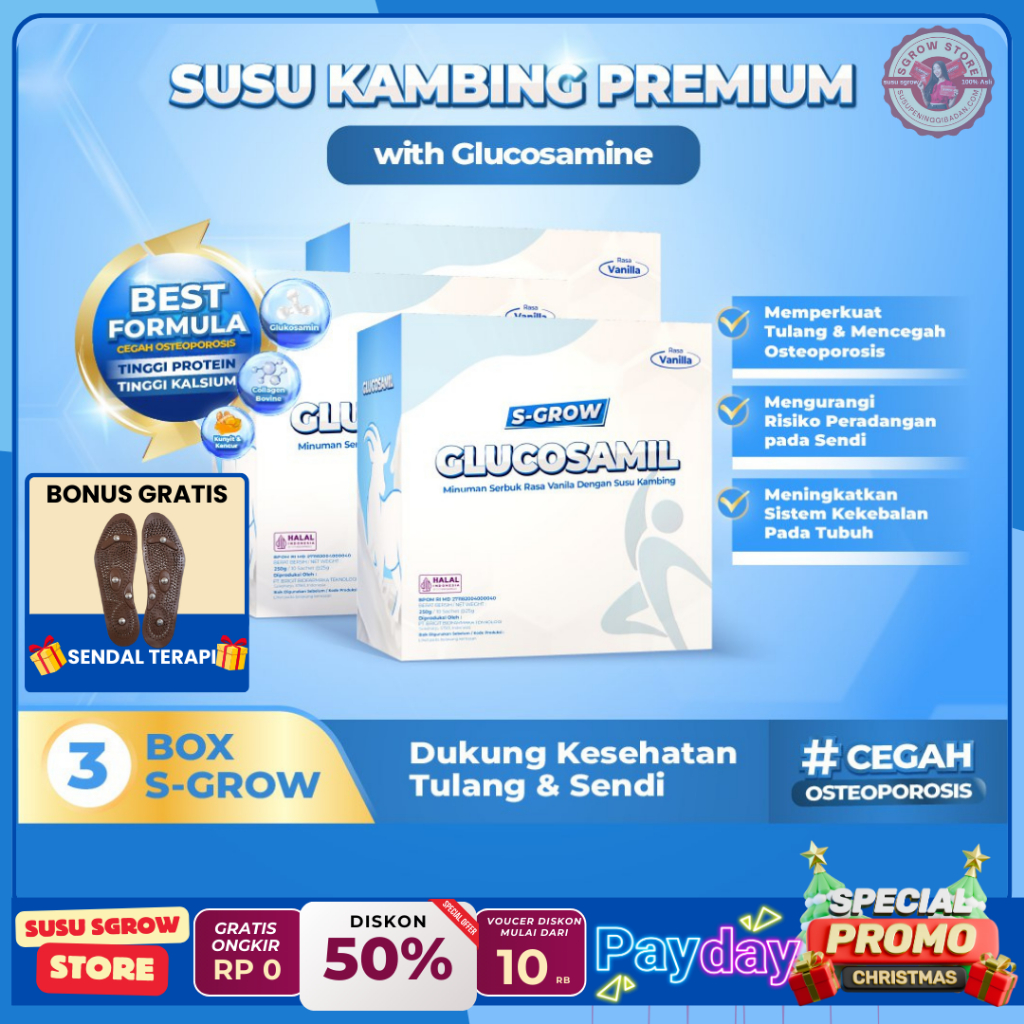 

S-GROW GLUCOSAMIL 3 BOX Atasi Nyeri Sendi & Tulang | Susu Bubuk Dewasa Vanila | Susu Kambing Premium