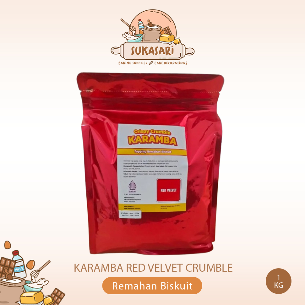 

Karamba Crispy Red Velvet Crumble 1kg / Topping Remah Cookie Bubuk Biskuit bubuk Goldfood