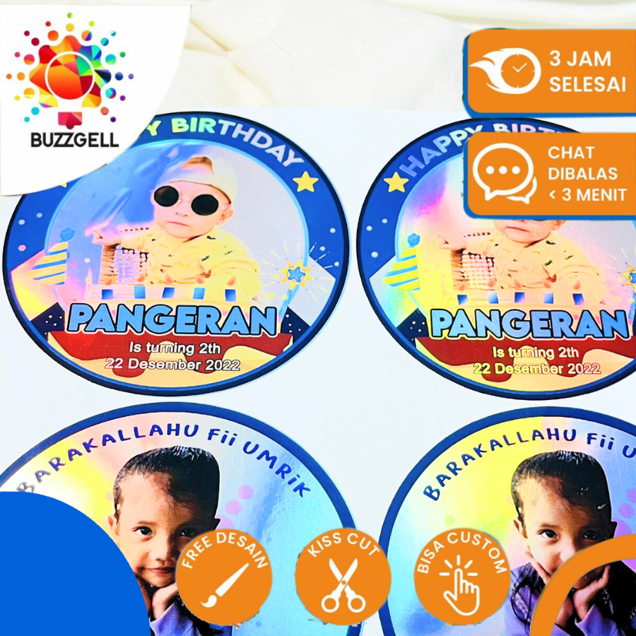 

2-4 Sticker Undangan Ulang Tahun Anak Label Stiker Hologram Happy Birthday Buzzgell Anti Air