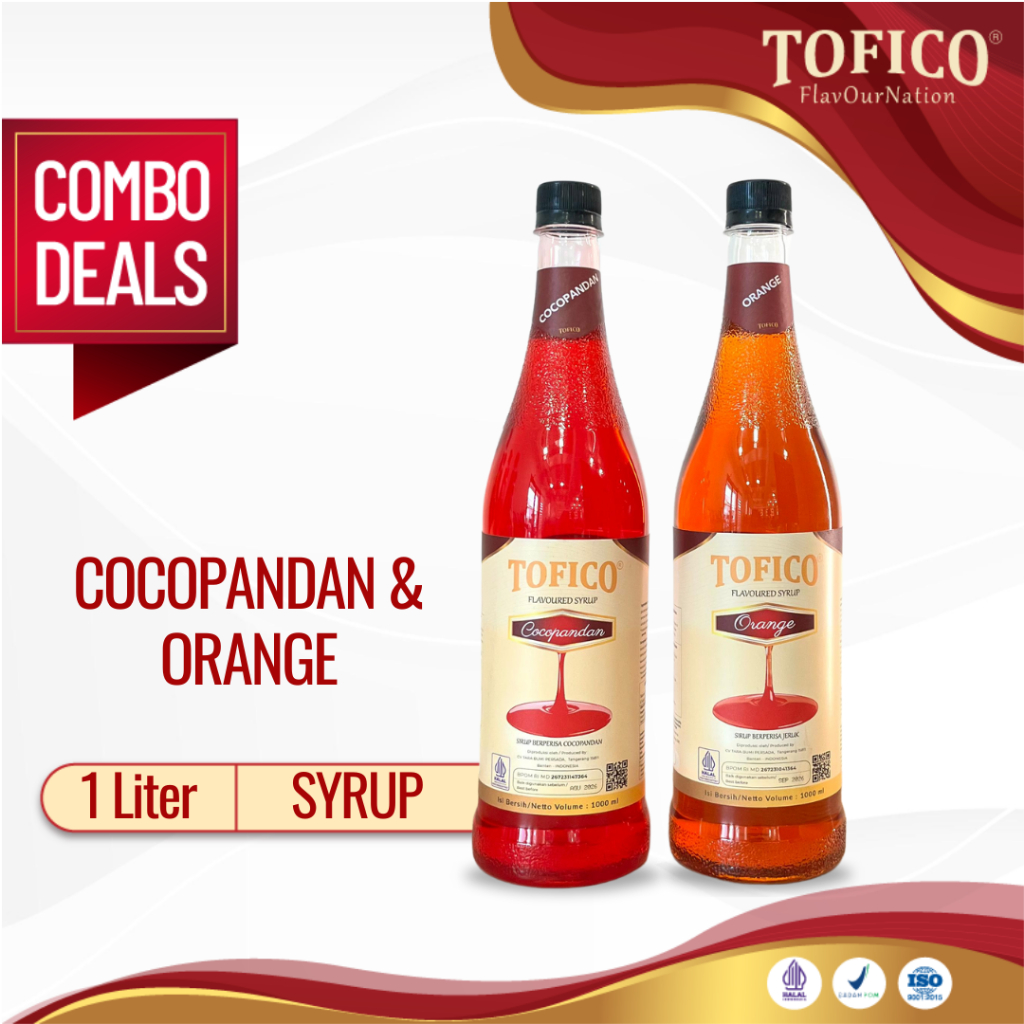 

PAKET HEMAT COMBO DEALS Tofico Syrup Cocopandan 1L + Tofico Syrup Orange 1L