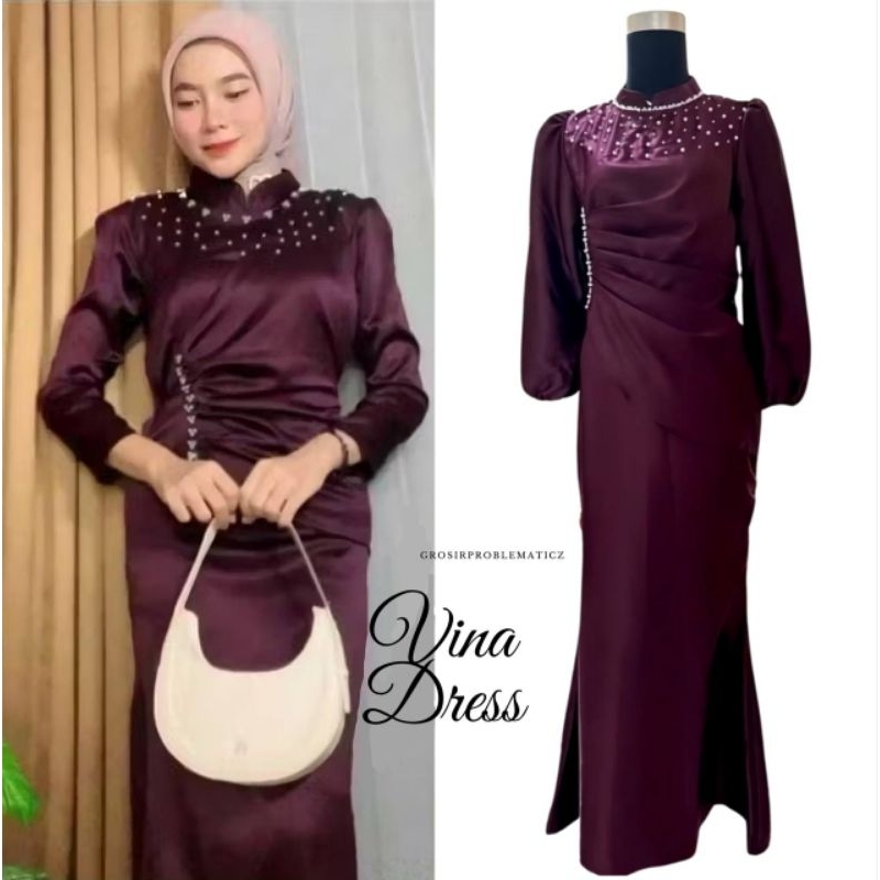 Dress Kondangan Wedding Vina Dress Burgundy Satin