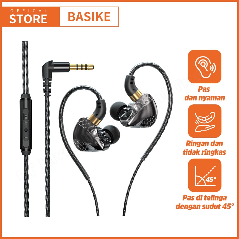 BASIKE Headset Kabel Earphone Gaming Music In Ear 3.5mm untuk Samsung OPPO vivo xiaomi Redmi