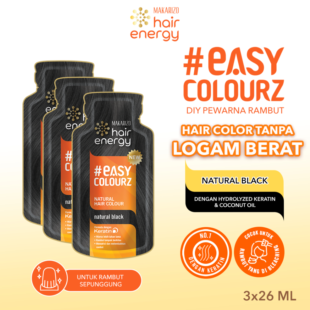BUNDLE ISI 3 - Makarizo Hair Energy Easy Colourz 26 mL - Natural Black - Hair Color - Pewarna Rambut