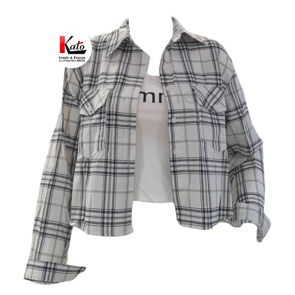 Kemeja Crop Lengan Panjang Motif Kotak + Inner Putih Summer