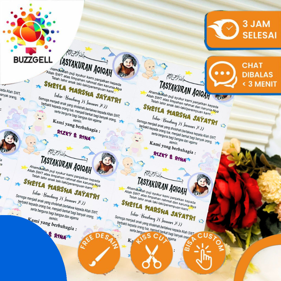 

9-15 Buzzgell Sticker Tasyakuran Aqiqah Anak Bentuk Kotak Stiker Ikkah Iqqah Bayi Custom Uk.Besar