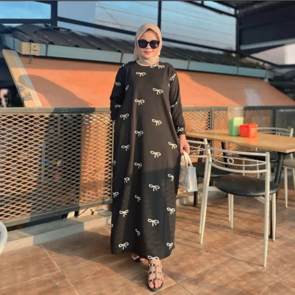 Gamis Muslim KNIT SINDORO Motif Pita Lengan Panjang / Gamis 2025 Model Baru / Baju Hitam Gamis / Gam