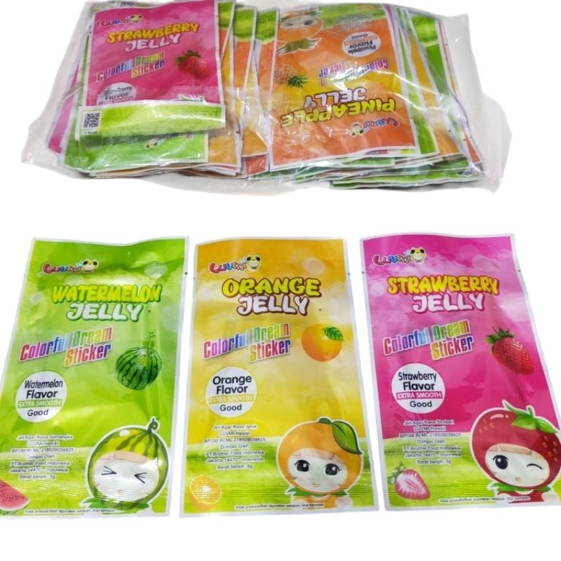 

Jeli Jelly Aneka Rasa Buah Luvmi dengan hadiah Pulpen Bolpoin / Sticker Lucky Pen pak isi 30 sachet