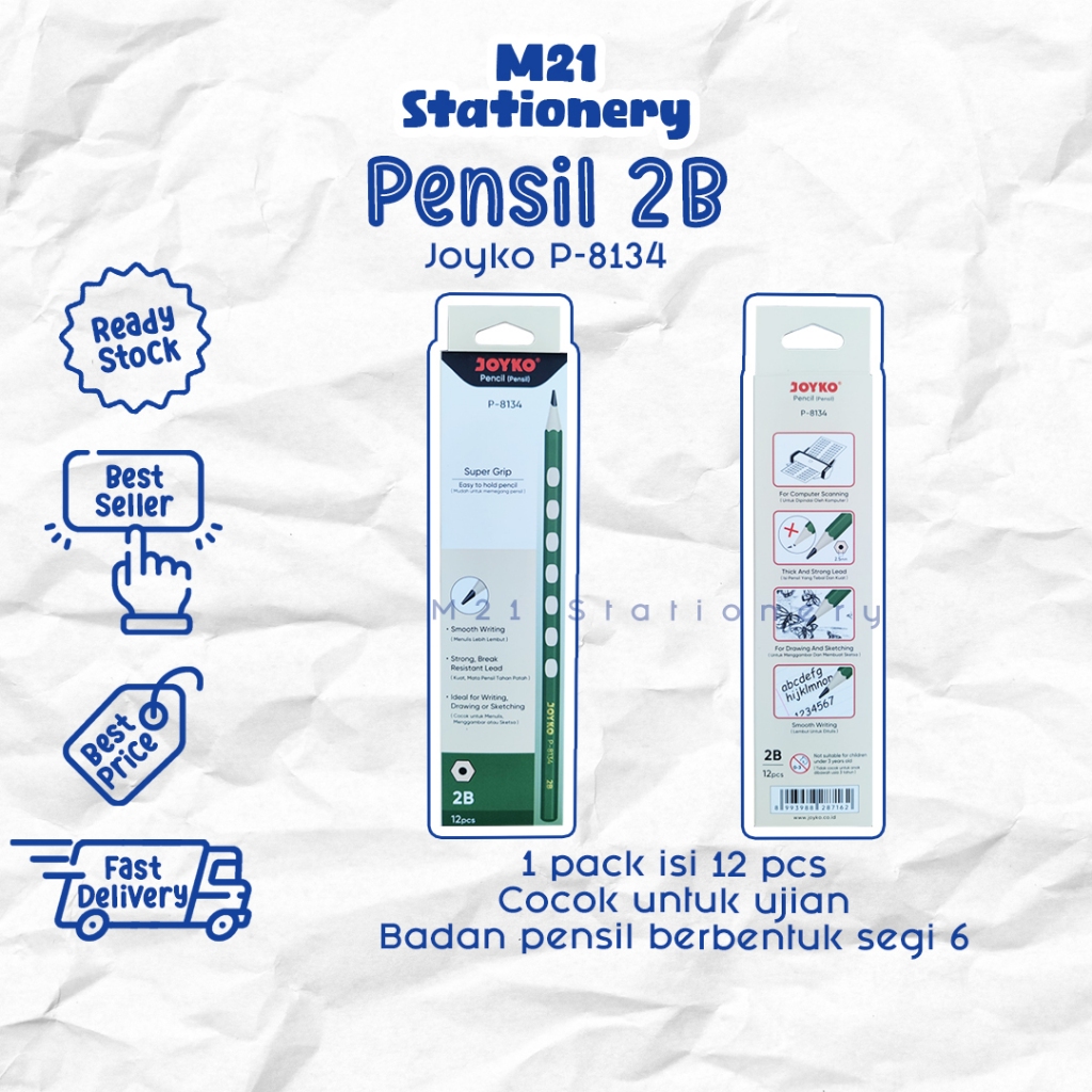 

(12 PCS) PENSIL 2B JOYKO P-8134 / 1 pack pak joyko p8134 super grip pencil kayu pena original menulis graphite menggambar sket sketch anak alat tulis sekolah kuliah atk kantor stationery murah / m21 stationery jogja
