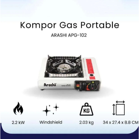 Kompor Gas Portabel Arashi APG 102, LPG, Stainless Steel, 30x25x10 cm, 2.5 kg, Dengan Tas dan Buku Panduan