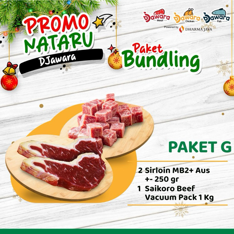 

Paket Nataru G (2 pack Black Diamond Sirloin MB2 250gr+ Saikoro beef 1 kg)