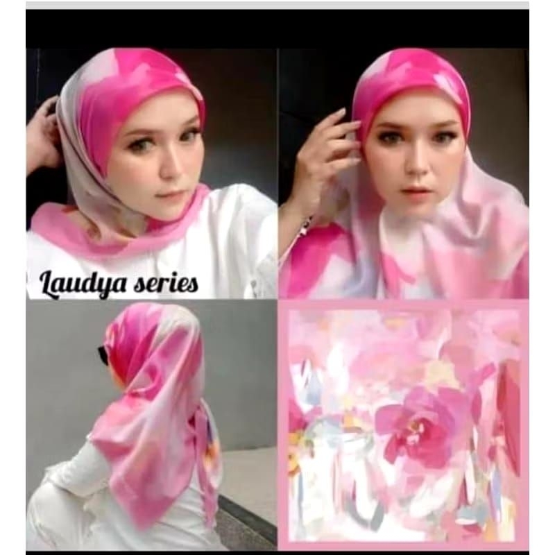 HIJAB SEGIEMPAT VOAL MOTIF BUNGA PINK PUCIA PUTIH