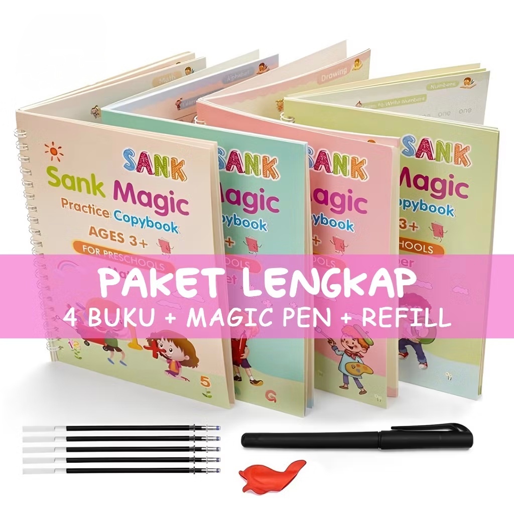 

Paket Hemat 4 in 1 Buku Belajar Anak Menulis Alfabet Angka dan Menggambar Plus Magic Pen Plus Refill Sank Magic Book Usia 3 - 5 Tahun Pena Stationery