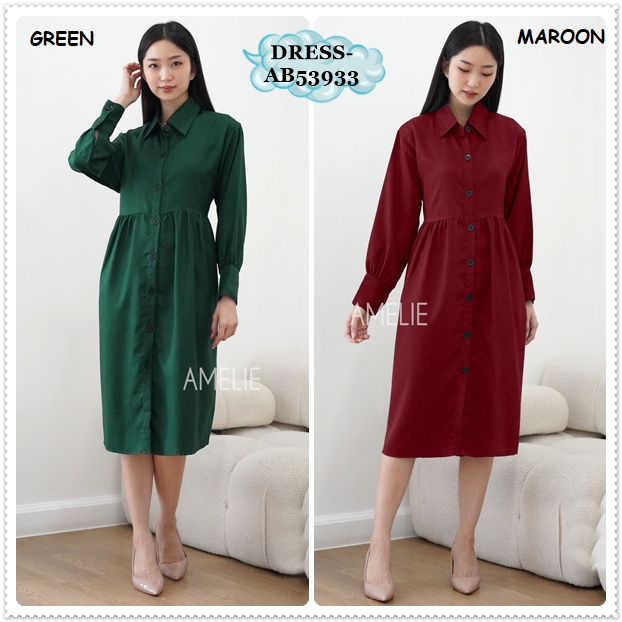 AB53933 Midi Dress Kemeja Lengan Panjang Wanita Korea Import Tunik Merah Maroon Red Emerald Green Hi
