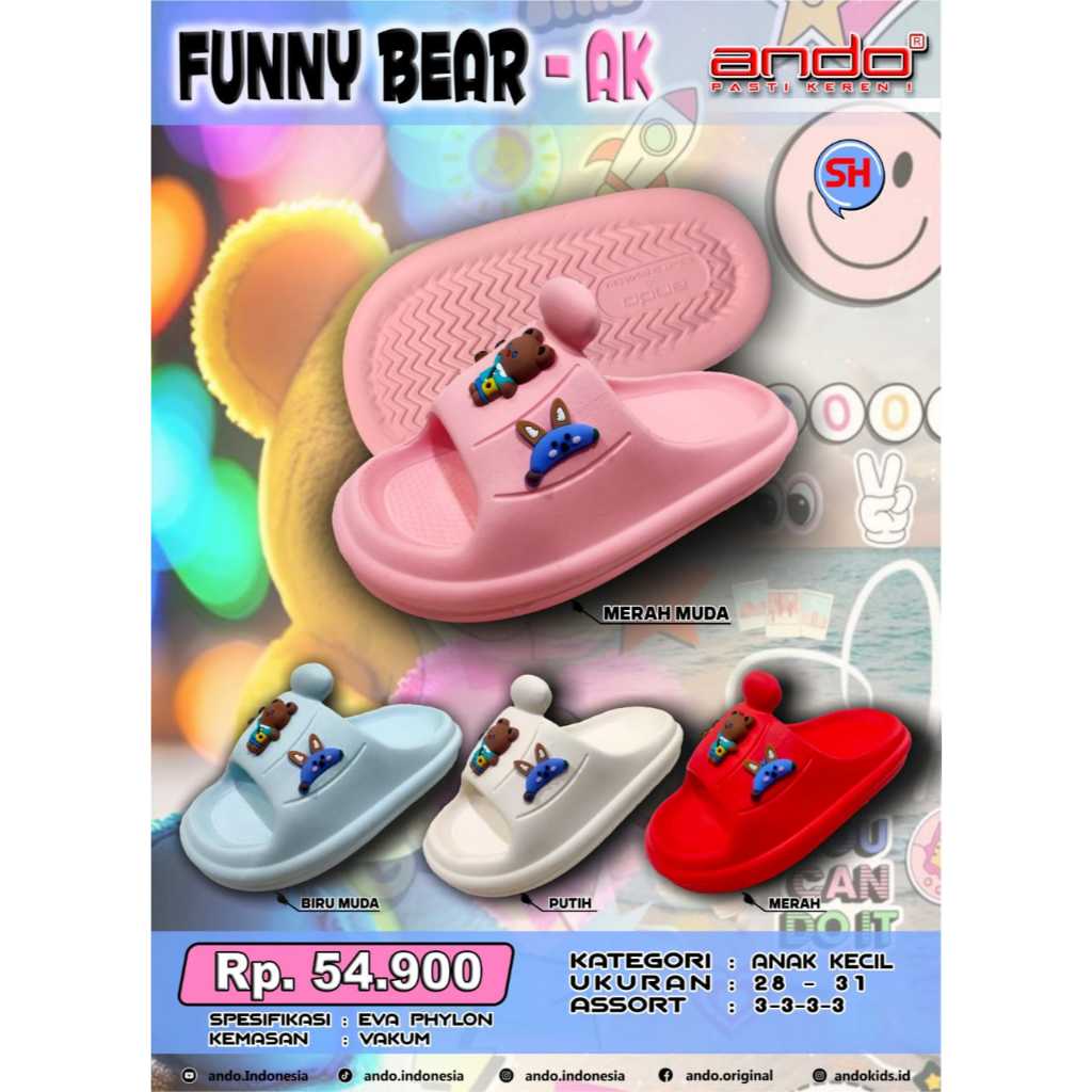 Ando Funny Bear Sandal Slop Anak Pylon Premium 28 - 31 Sendal Slip On Cewek Perempuan Ringan, Kuat S