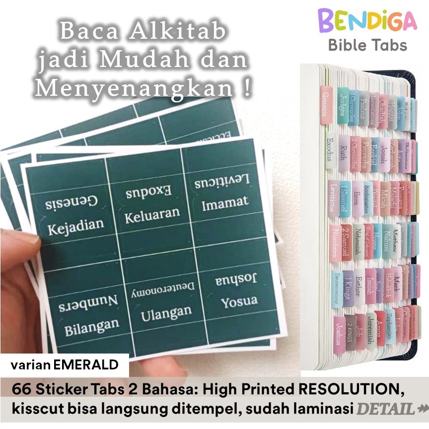 

[BENDIGA GBU- EMERALD BOLD FONT] Stiker Bible Tabs Index 66 Dua Bahasa Inggris 66pcs Laminated BIBLE TABS INDEX Sticker Index Alkitab