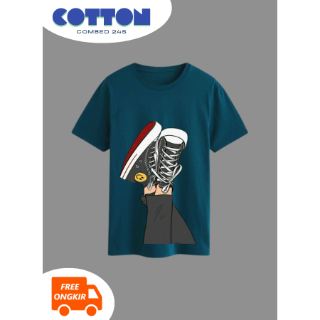 BAJU KAOS PRIA LENGAN PENDEK BIRU TOSCA GAMBAR SEPATU KAKI S M L XL COTTON COMBED 24S