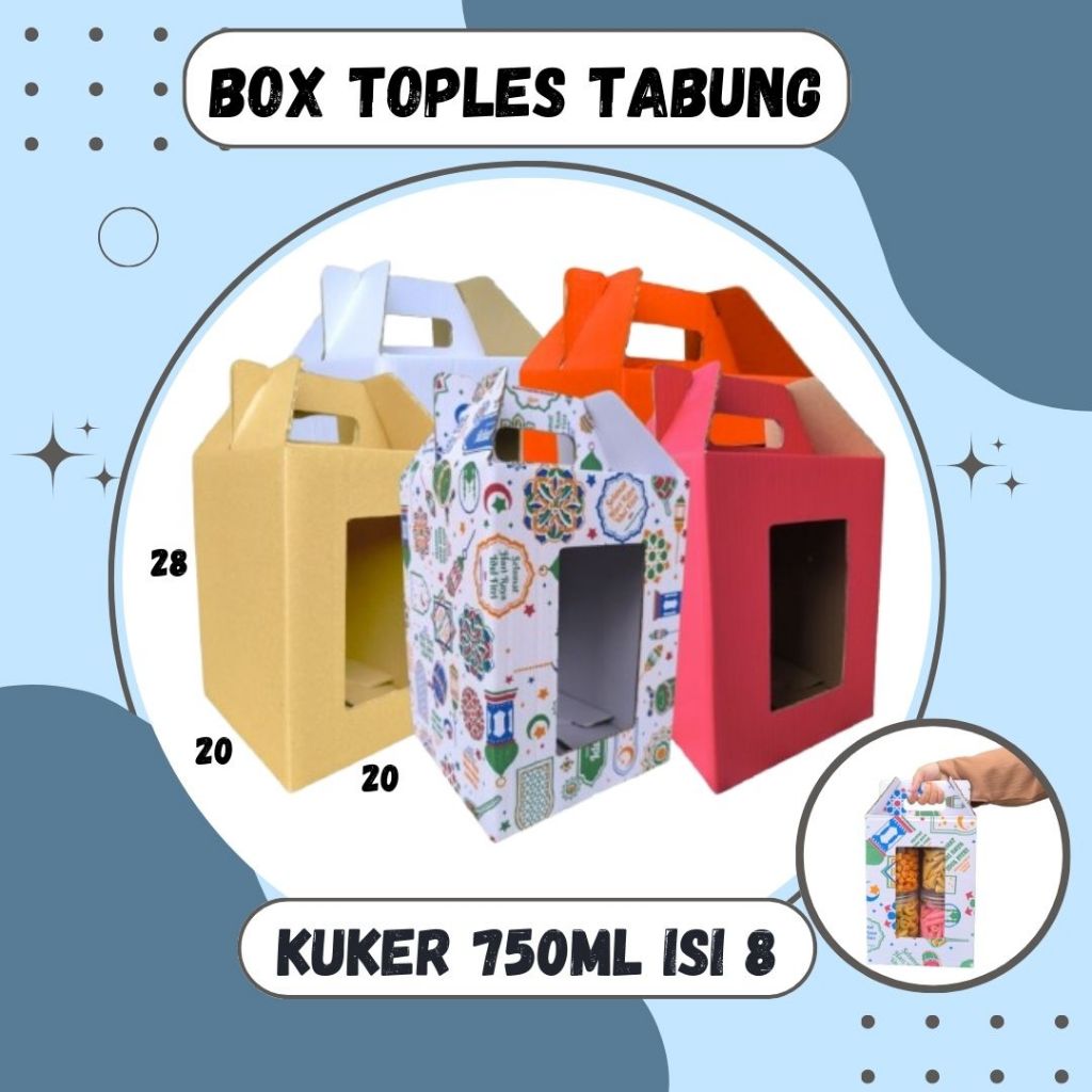 

Box 20x20x28 Jinjing (KUKER TOPLES JAR 750ml ISI 8) Kardus Idul Fitri Lebaran Hampers/Ied Mubarak/Box Boneka/Hampers Kue Kering