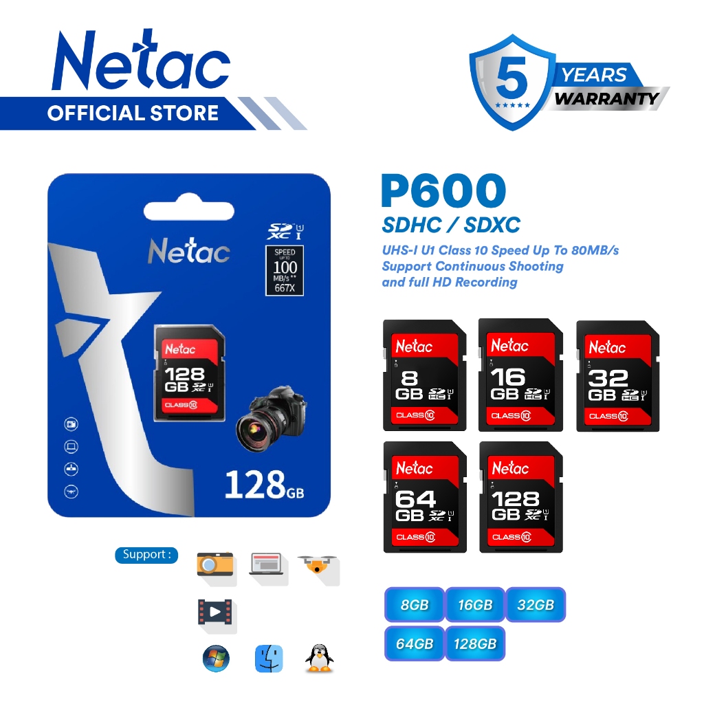 Netac SDHC/SDXC P600 8GB/16GB/32GB/64GB/128GB U1/C10 Memory Card up to 90MB/s Retail Pack Compatible