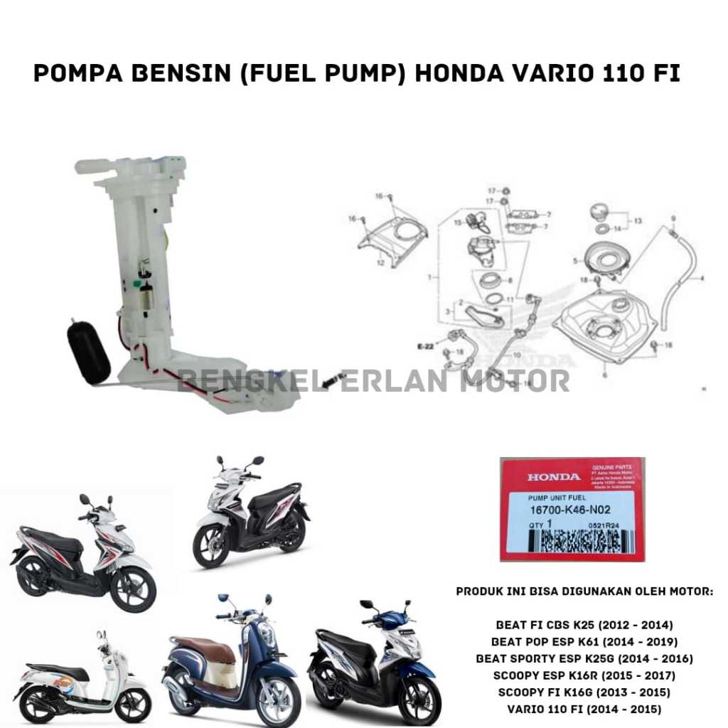16700-K46-N02 Fuel Pump Pompa Bensin Vario 110 Fi Beat Pop Scoopy eSP K16 POMPA BENSIN FUEL PUMP VAR