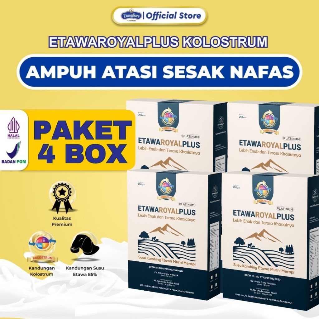 

ETAWAROYALPLUS Platinum - 4 Box Susu Kambing Etawa Premium - Untuk Therapi Nyeri Sendi, Pegal Linu, Keluhan Pernafasa, Asam Lambung, Paru - Paru dan Untuk Therapi Rematik Kemasan 250gram Resmi BPOM dan Halal MUI