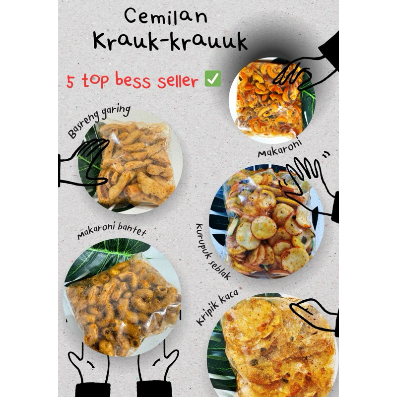 

Makaroni, keripik kaca, basreng, cimol kering pedas