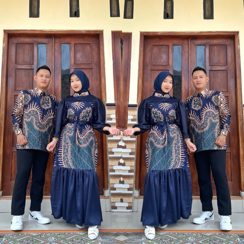 Binari Gamis Couple Set Hijab Batik Kombinasi Polos Santorini Silk Premium