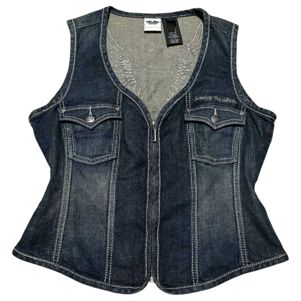 Harley Davidson Vintage Rhinestone Zip Up Lined Denim Vest | Size Larga Ukuran Besar pockets kantong