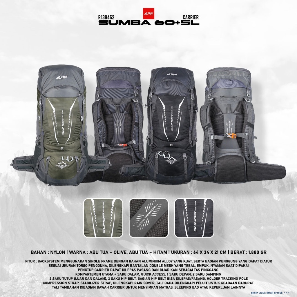 Carrier Rei Sumba 60+5L Original - Tas Gunung 60 liter Rei Termurah