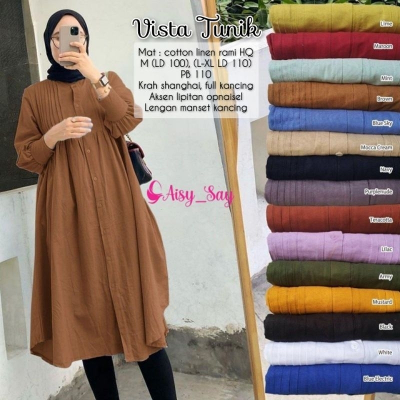 PROMO TERBARU Vista Long Tunik Korean Style Bahan Linen Premium By Aisysay-Tunik Wanita Kekinian By