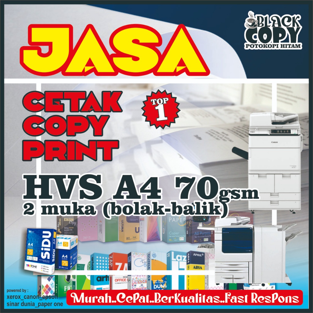 

Jasa cetak hitam putih HVS 70gsm 2 muka (bolak balik)