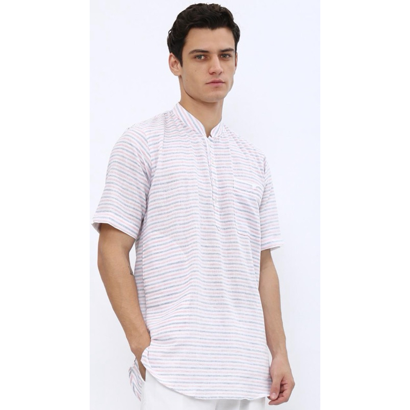Kemeja kurta motif salur bahan katun linen premium