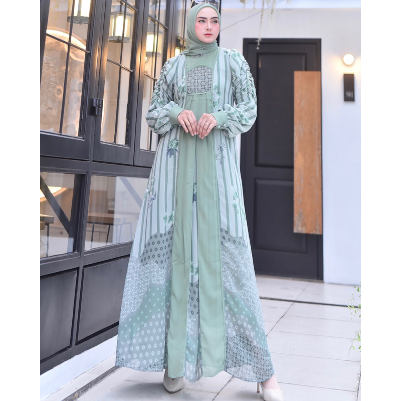 Jemia Gamis Zaskia Cerruti Printing ( Dress Set Hijab) Premium Elegan Mewah Terbaru Kekinian