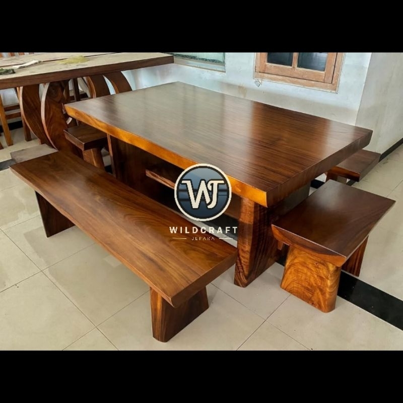 SET MEJA MAKAN 150CM KAYU TREMBESI SOLID FINISHING MEJA 150x80CM