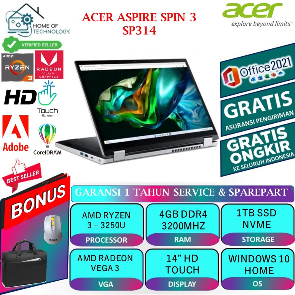 acer aspire spin 3 sp314 amd ryzen 3 3250u 4gb 1tb 14.0 touch win10home silver