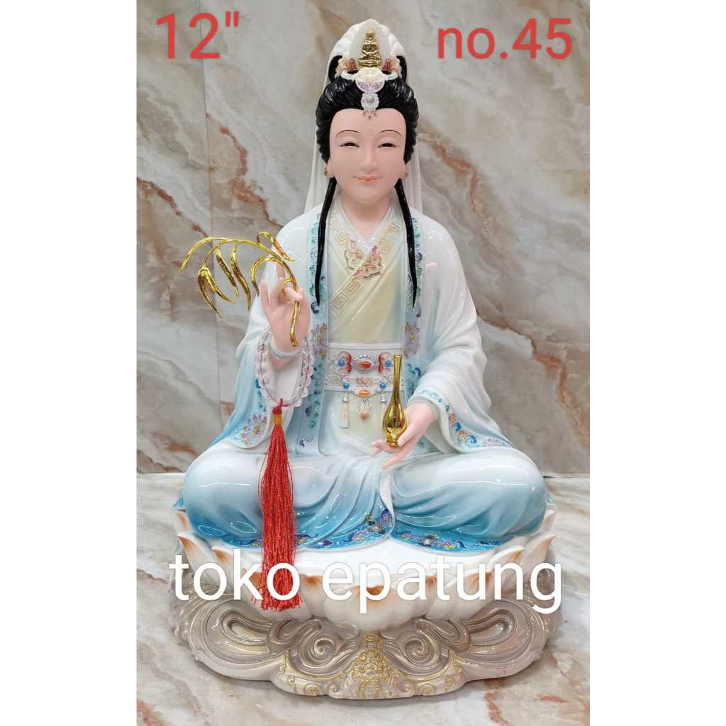 patung dewi kwan im / kwan in / kwan yin / guan yin - marmer - 12 inch - slendang - BIRU coklat - n4