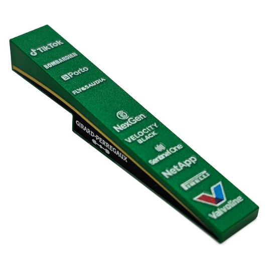 Lego Green Part 4569pb002 Slope 10 6 x 1 with Black and Yellow Curve with White 'GIRARD-PERREGAUX' o