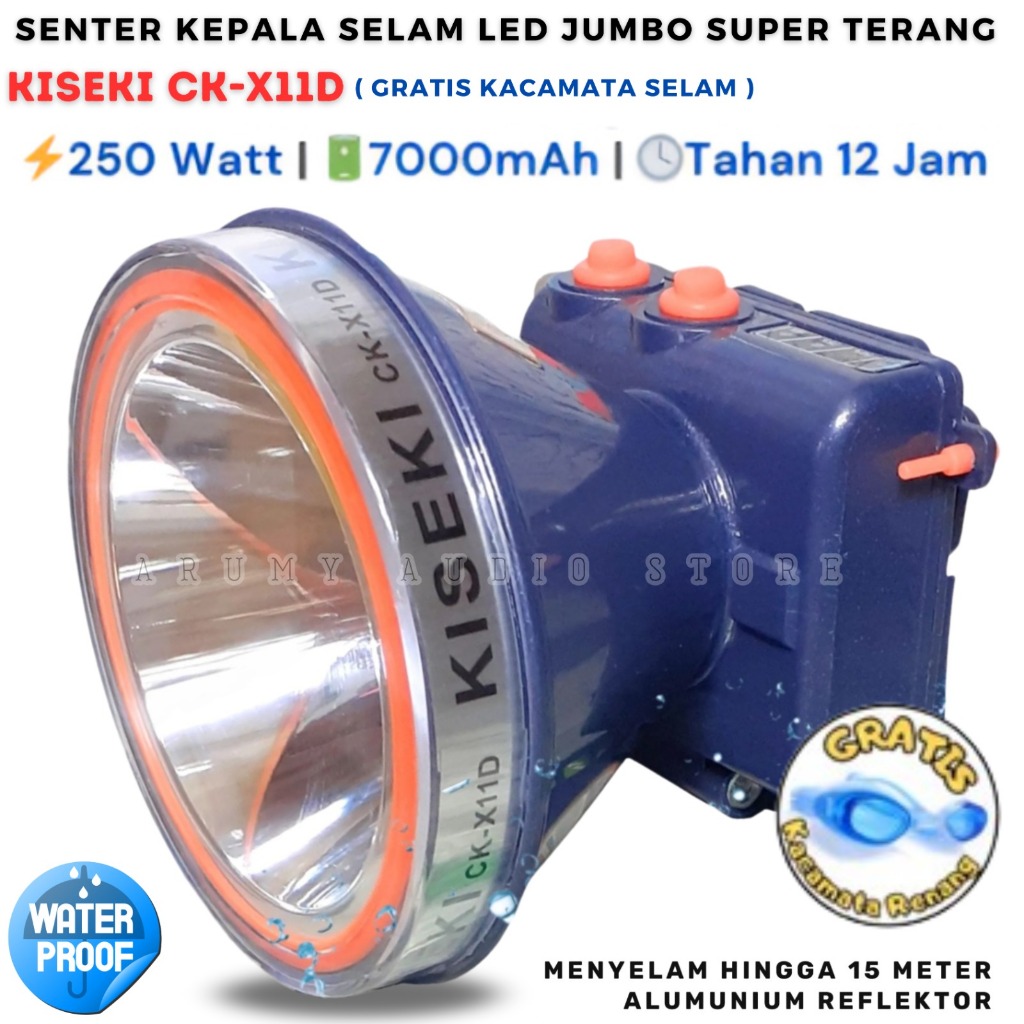 Senter Kepala Selam Led Super Terang Kiseki Ck X11d 250watt,Senter Head Kiseki 250w Gratis Kacamata 