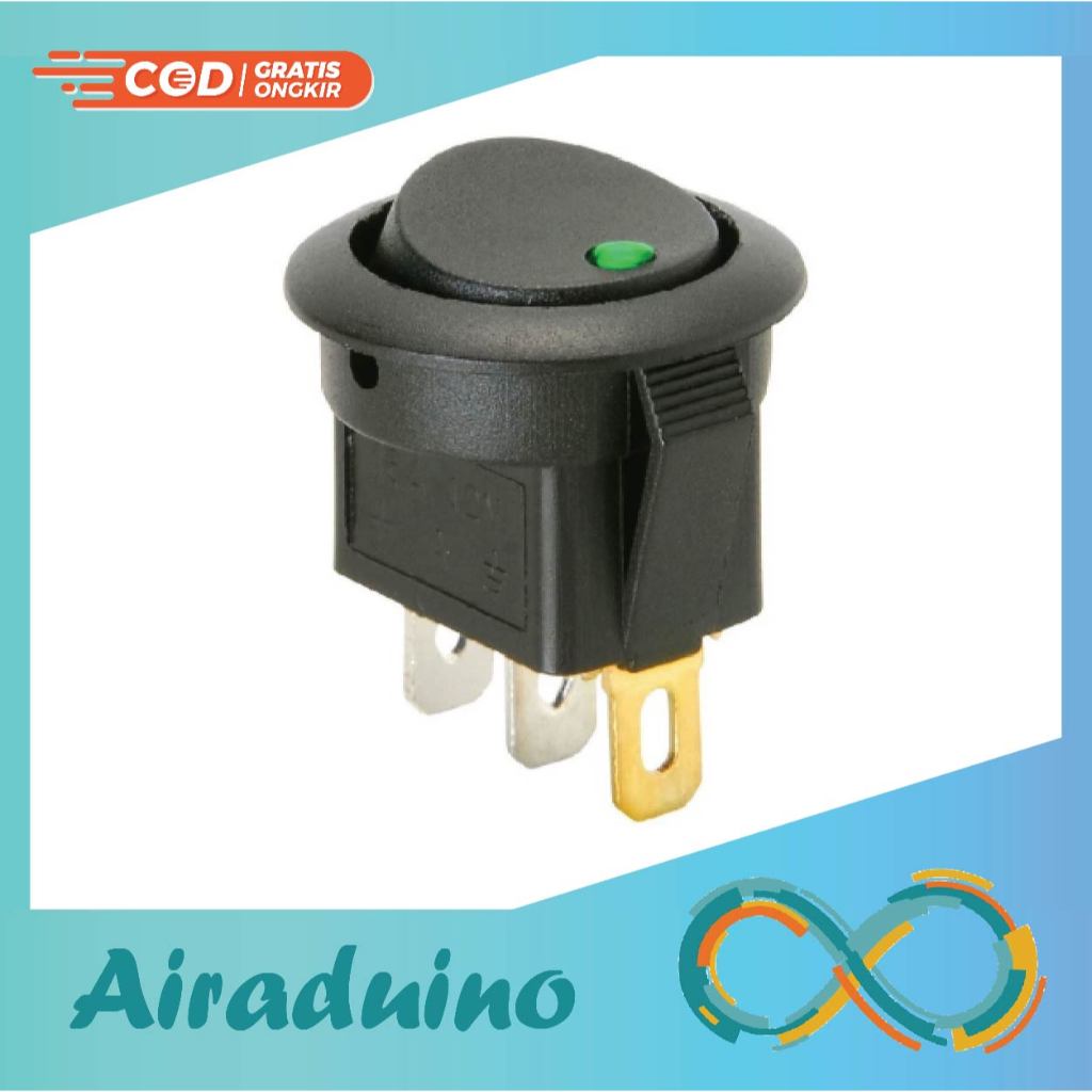 Rocker Switch Bulat 12V 6A LED Hijau Titik 3 Pin Saklar 3 Kaki