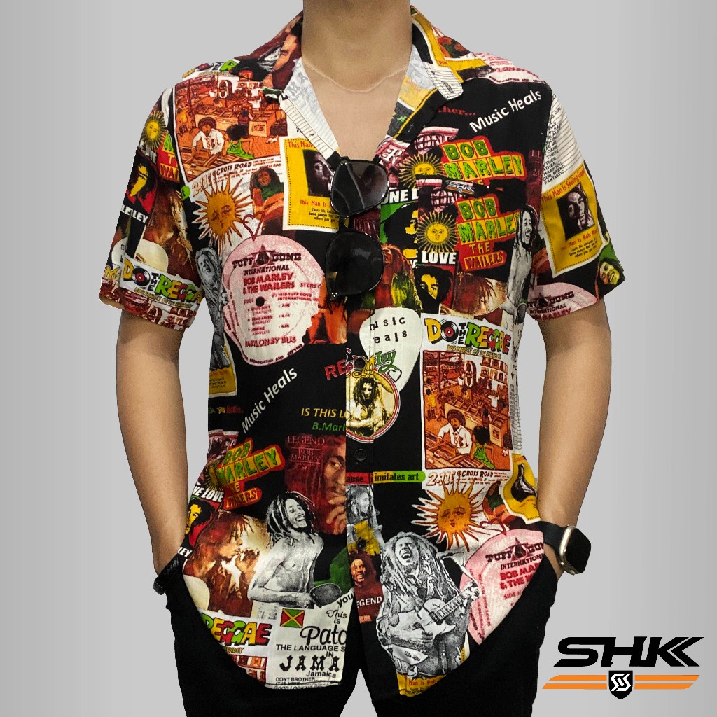SHK Kemeja hawai vintage baju pria wanita lengan pendek Amarillo BOB MARLEY