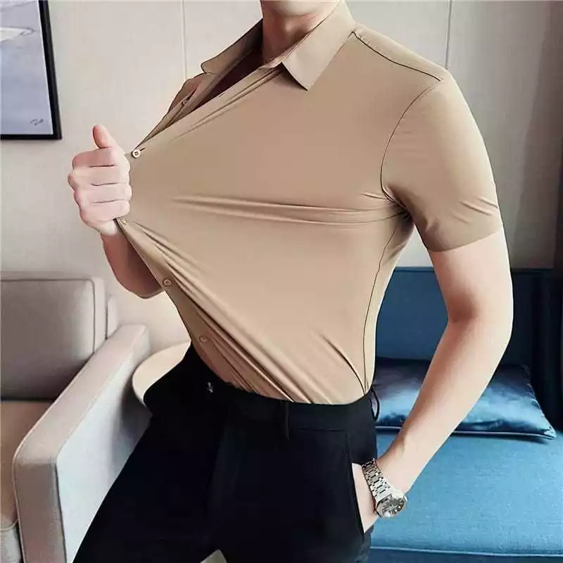 Kemeja Pria Elastis Lengan Pendek Basic Polos Slim Fit Bahan Katun Import Original Cokelat