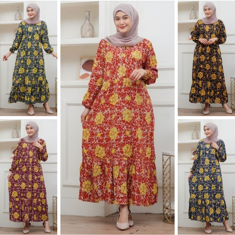Gamis Batik Wanita Rayon Motif Bunga Elegan