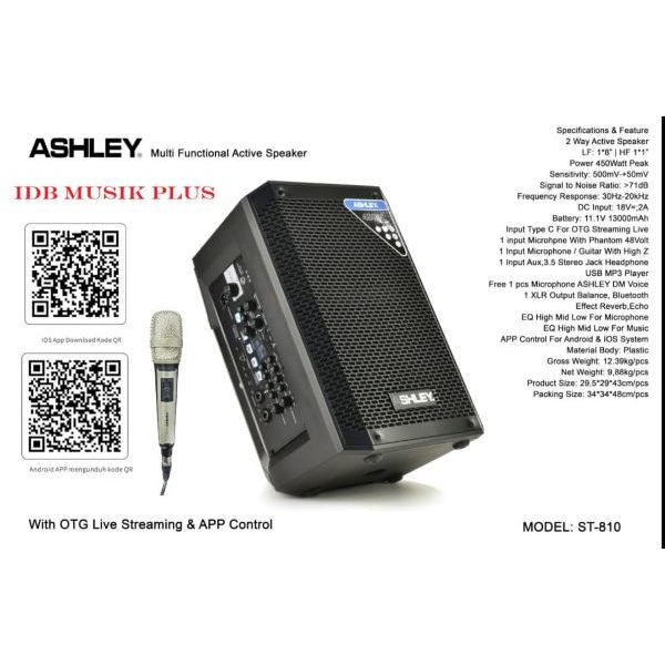 Speaker Aktif 8" Ashley ST810 ST 810 With OTG Live Streaming & APP Control Original