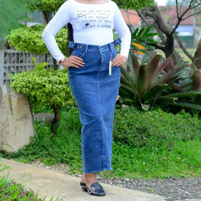 Rok Panjang Denim Wanita jeans sepan terbaru kekinian BB 40-80 KG